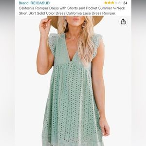 Romper dress with shorts and pockets. V neck. Size Large. Aqua.
